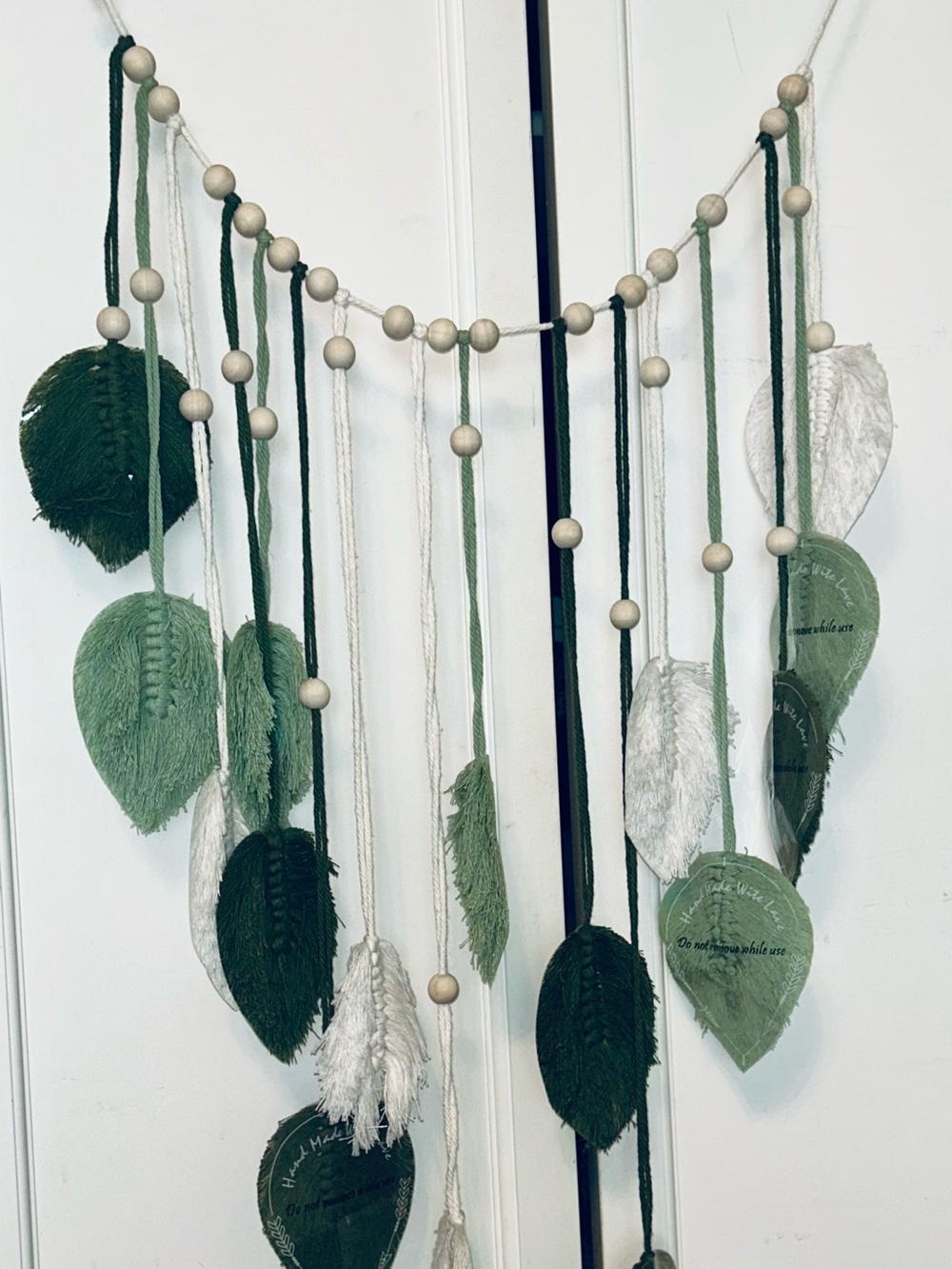 Handmade Green & Cream Leaf Wall Hanging - Boho Home Holiday Decor